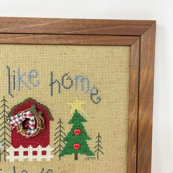 Framed Handmade Cross Stitch Home for the Holidays Tan w/Blue Red Green Yellow‎ - Picture 7 of 9